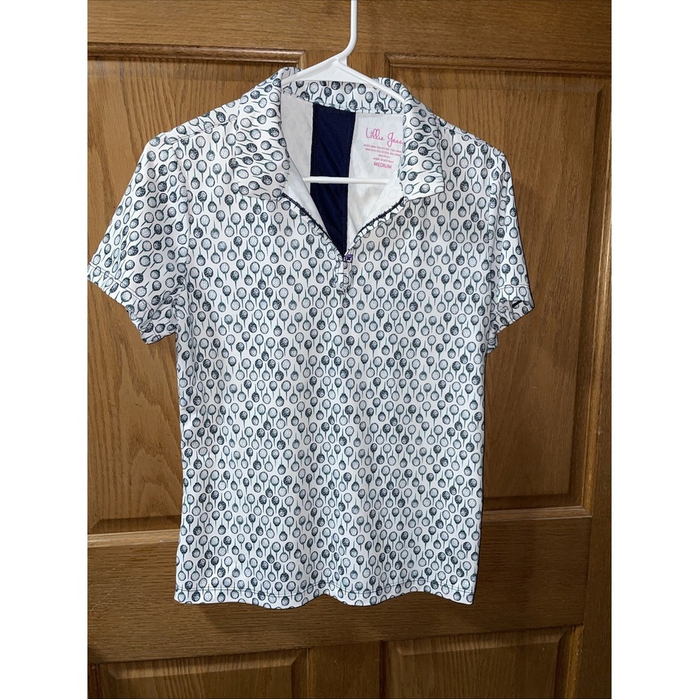 LILLIE GREEN Womens Golf Polo Shirt Med Short Sleeve White Golf Ball Top